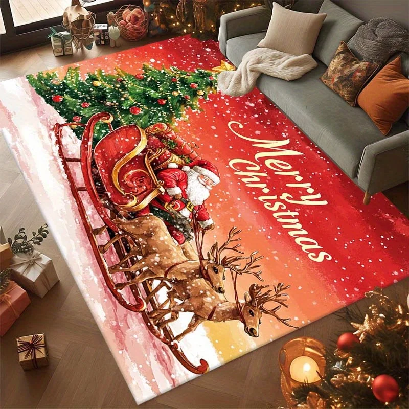 VIKAMA Merry Christmas Large Rug,Anti‑Slip Indoor Mat,Santa Reindeer Sleigh Carpet for Bedroom Festival Home Decoration Rug
