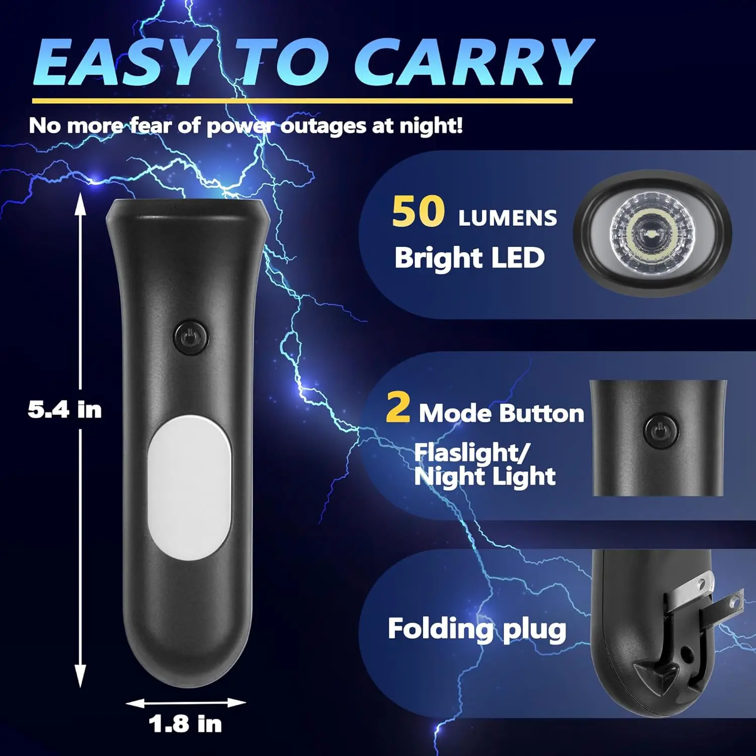4-in-1 Rechargeable Emergency Light with Auto-On, LED Flashlight for Power Outages, Black