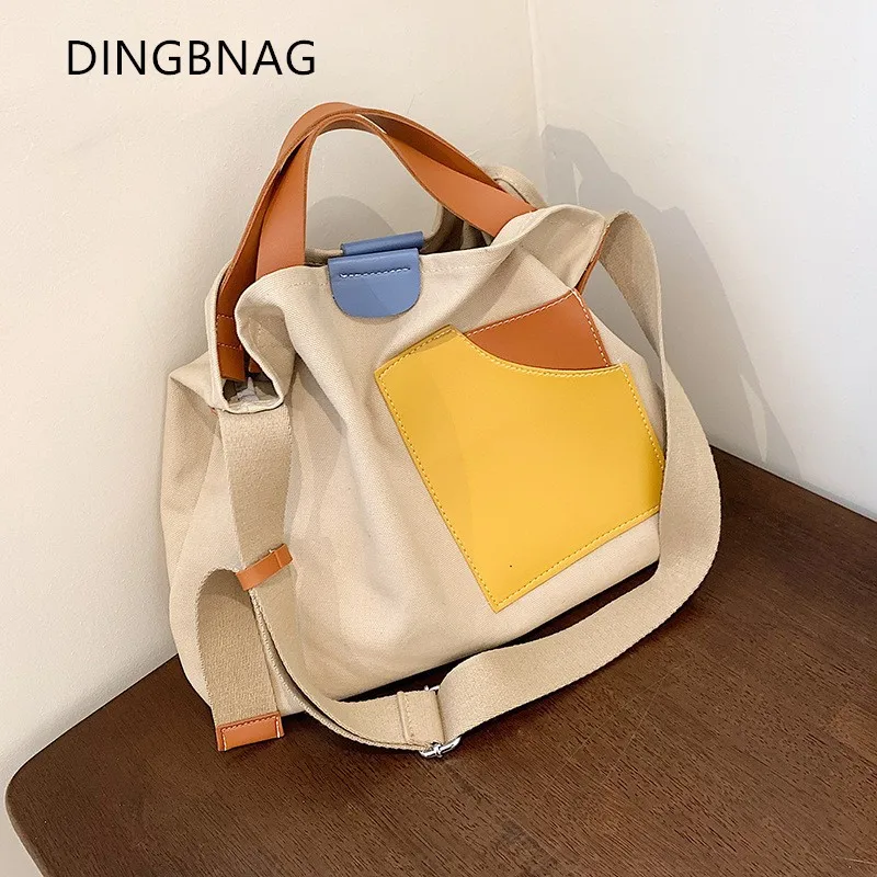 

Large Capacity Canvas Tote Bags For Women 2023 New Contrast Color Bucket Travel Bags Simple Casual Girl's Shopper Shoulder Totes