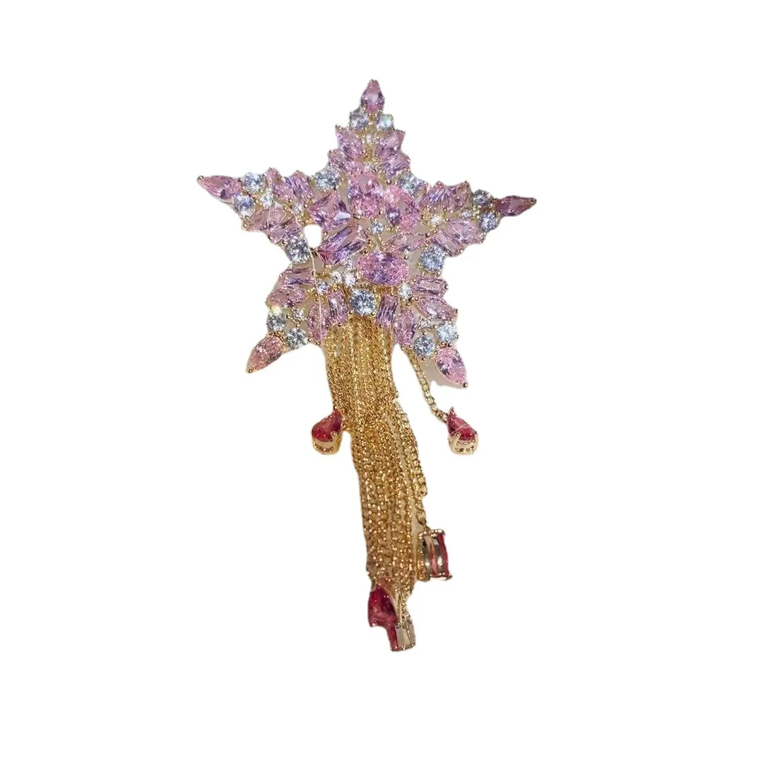 Trendy Fashion Accessories Cubic Zircon Star Crown Tassel Brooches Female Simple Cardigan Natural Freshwater Pearl Fan Broochpin