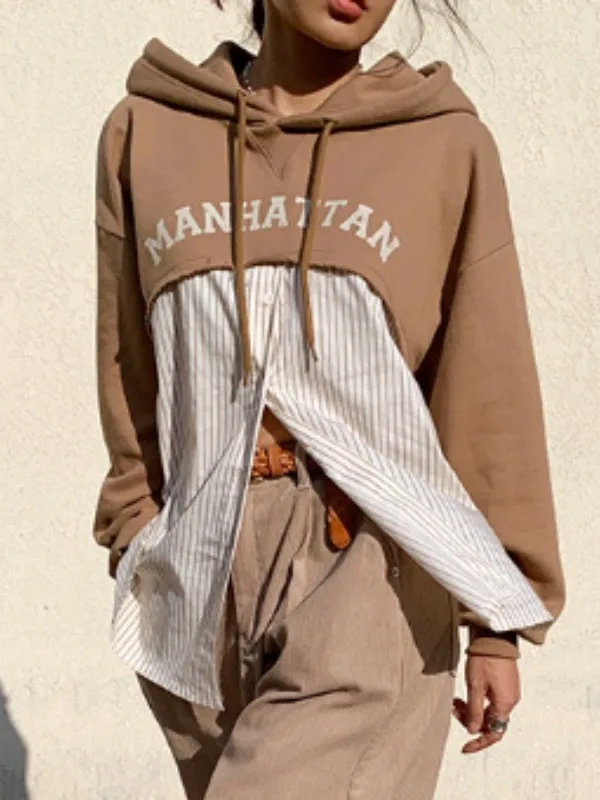 Trendiger, übergroßer, langer Sve-Hoodie für Damen, Patchwork-Streifendruck, bequem, vielseitig, Herbstfaion, lässige Streetwear