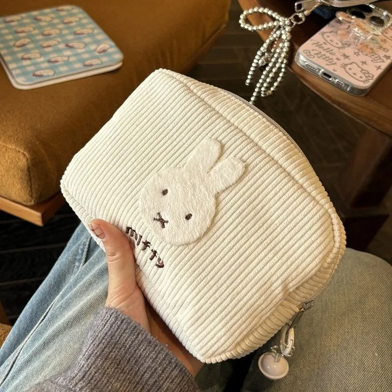 Cute Miffy Rabbit Sweet Creative Cartoon Pattern Simple Fashion Large Capacity Storage Handheld Portable Corduroy Makeup Bag