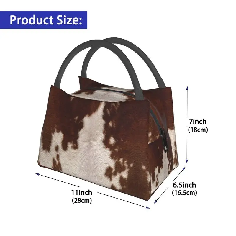 Brown Calf Cowhide Insulated Lunch Bags for Picnic Animal Skin Fur Leather Texture Waterproof Thermal Cooler Bento Box Women