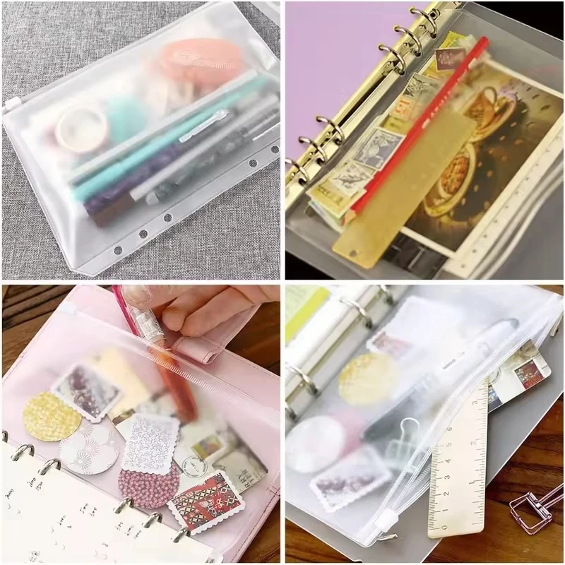 Convenient Clear PVC A5 A6 A7 Binder Pockets Clear Zipper Folders For 6-Ring Notebook Binder Files Reports Binder
