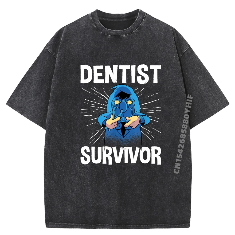 

I Survived The Visit Too The Dentist Cotton Graphic Tees Summer Men's Clothing 2025 Big Size Washed Shirt Oversized