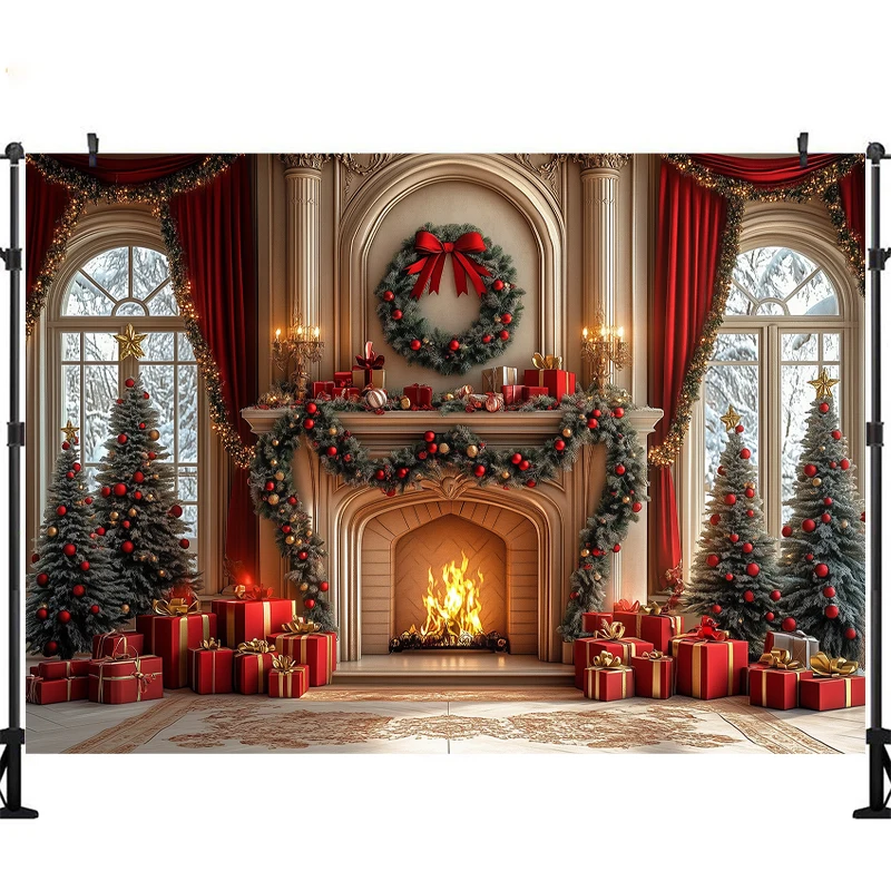 

LS Winter Christmas Backdrops Kids Family Photography Props Xmas Tree Fireplace Wreath Red Curtains Backgrounds