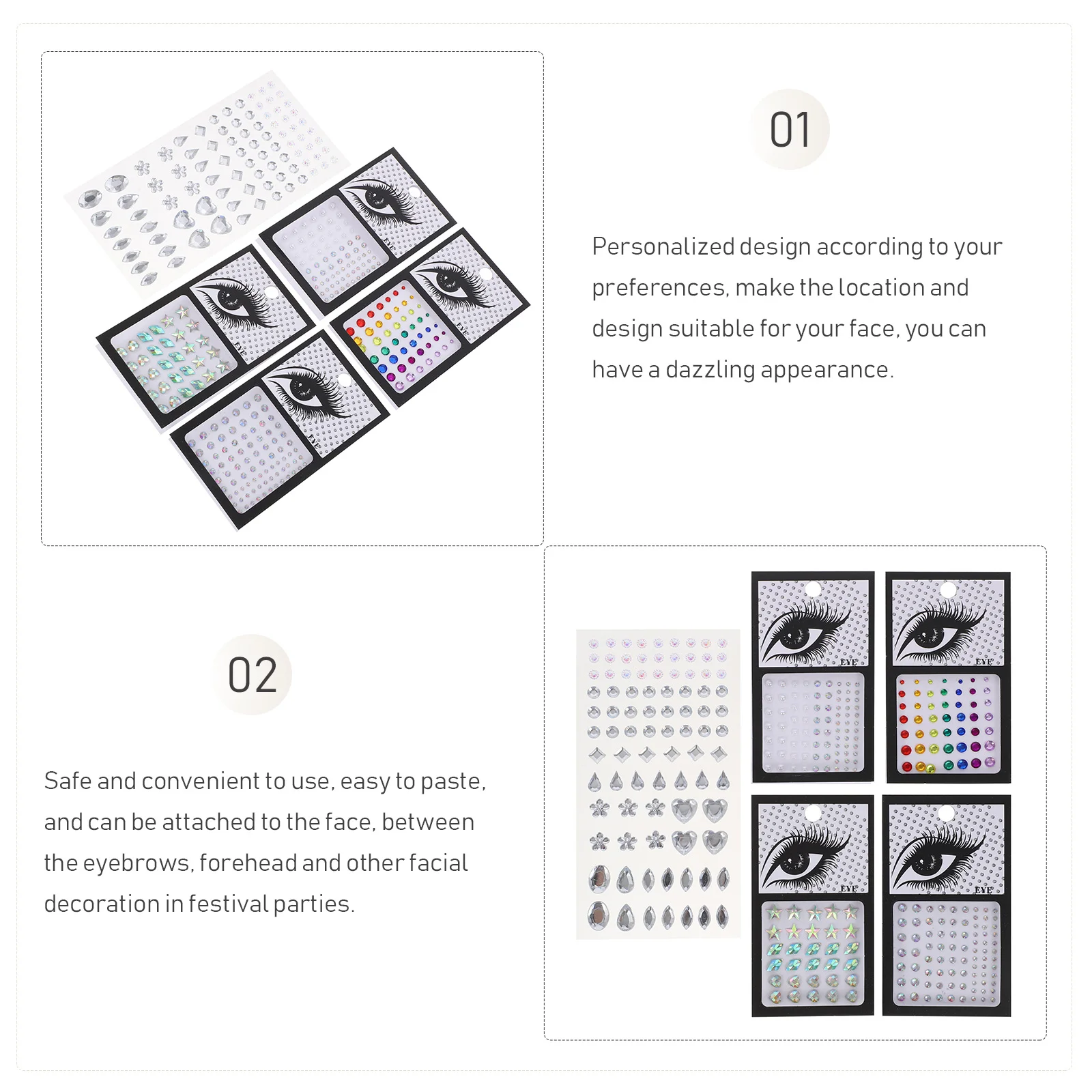 5 Sheets Gems Rhinestone Face Stickers Shiny Makeup Jewels for Women Party Festival Facial Decors Eye Body Decorations