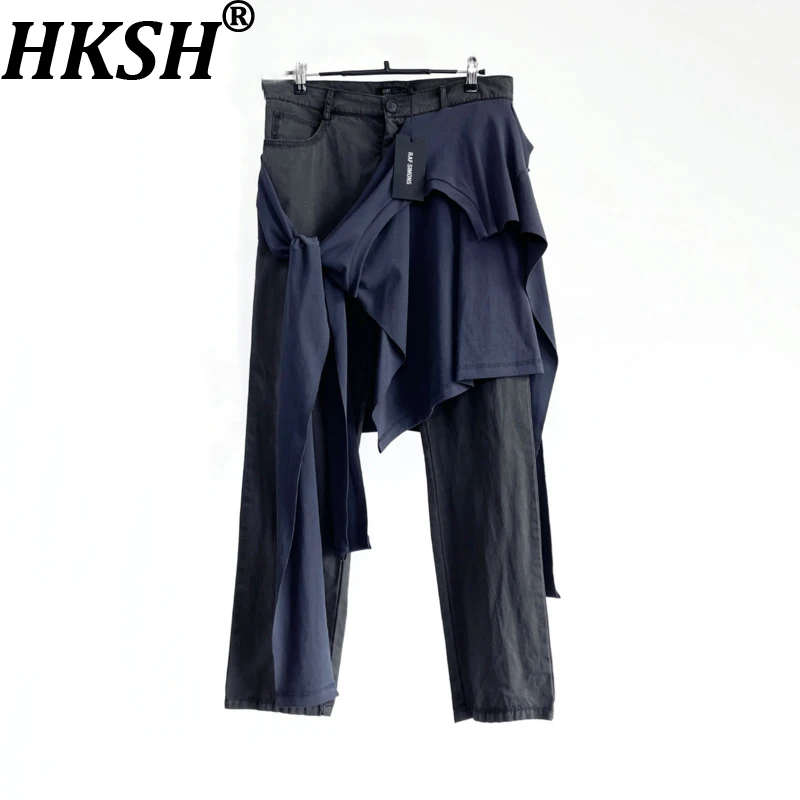 

HKSH Spring Autumn New Men's High Street Washed Distressed Vintage Faded Patchwork Trendy Straight Slim Fit Casual Pants HK14879