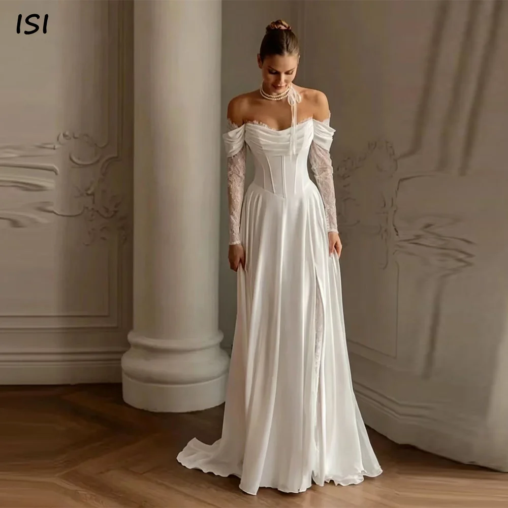 ISI Exquisite A-line Formal Wedding Dress Off the Shoulde Satin Long Sleeves Pleat High Quality Bridal Gown For Bridal Customize