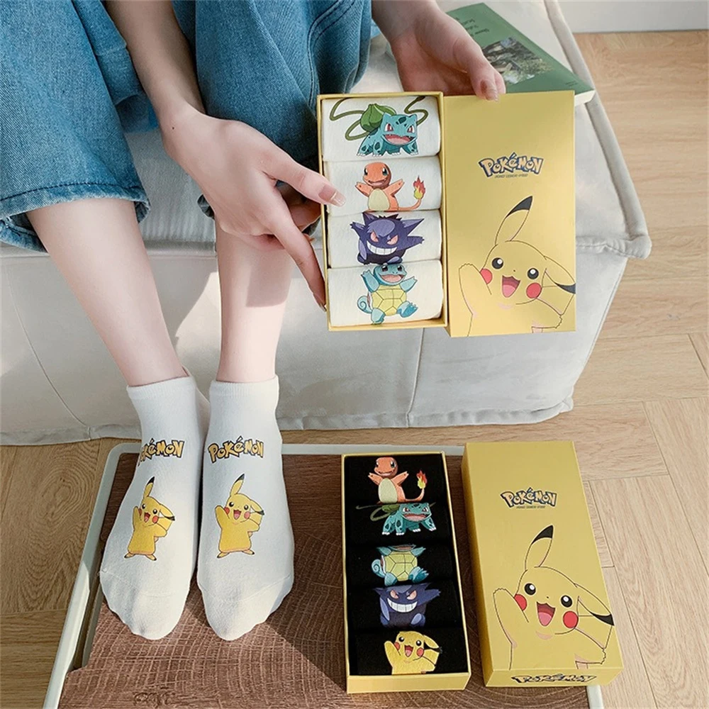 5PCS/Anime Pokemon Socks Box-packed Pikachu Psyduck Cartoon Figures Cotton Sock Socks Unisex Invisible Socks Cosplay Short Socks