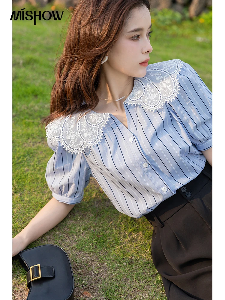 MISHOW Summer Women\'s Striped Short Sleeve Blouses Female Clothing Lace Peter Pan Collar Puff Sleeve Sweet Tops MXB25C0408