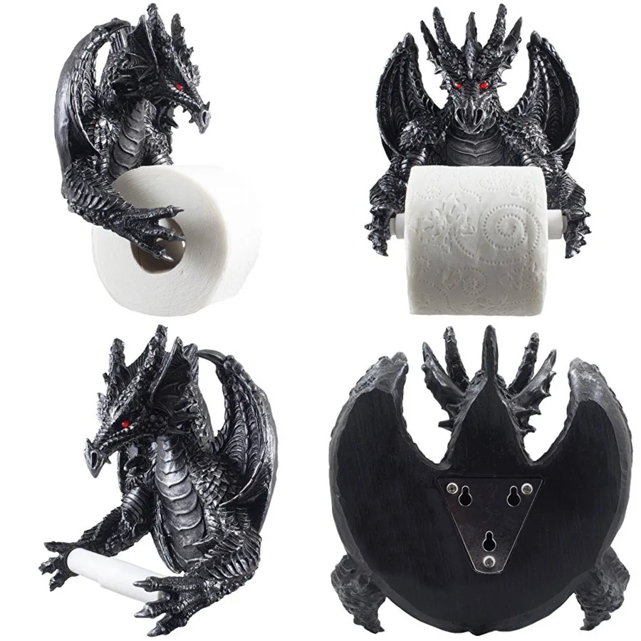 

Mythical Winged Dragon Toilet Paper Holder in Metallic Look for Medieval and Gothic Home Decor Bathroom Accessories or Whimsica