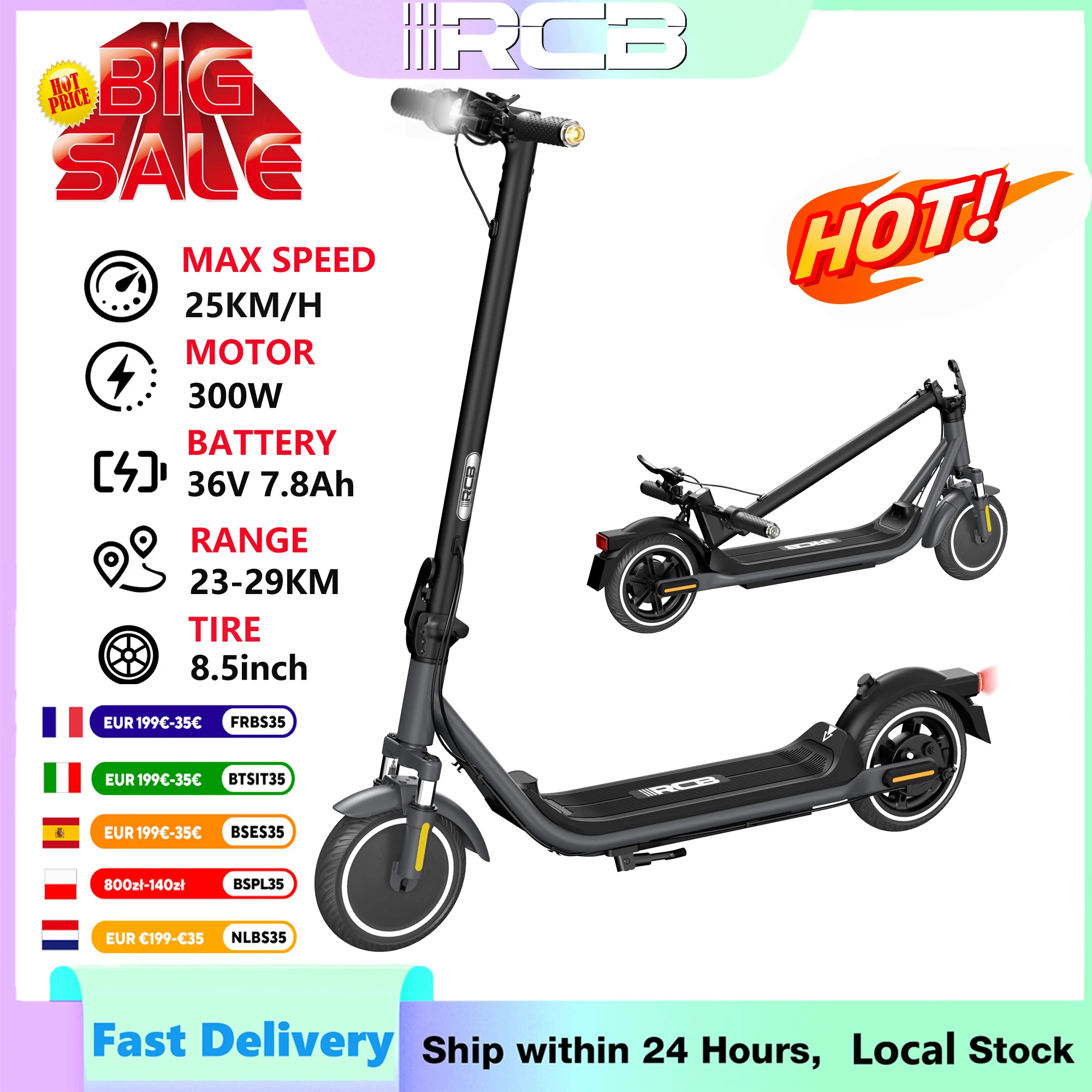 Scooter elettrico RCB, potente motore da 300 W, pneumatici da 8,5, velocità massima 25 km/h, scooter elettrico pieghevole a lungo raggio 23-29 km per adulti, 3 modalità