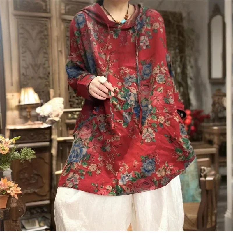 Vintage Floral Blouses Women Spring New Casual Long Sleeve Loose Cotton Linen Tops Stylish Red Hooded Shirt Literary