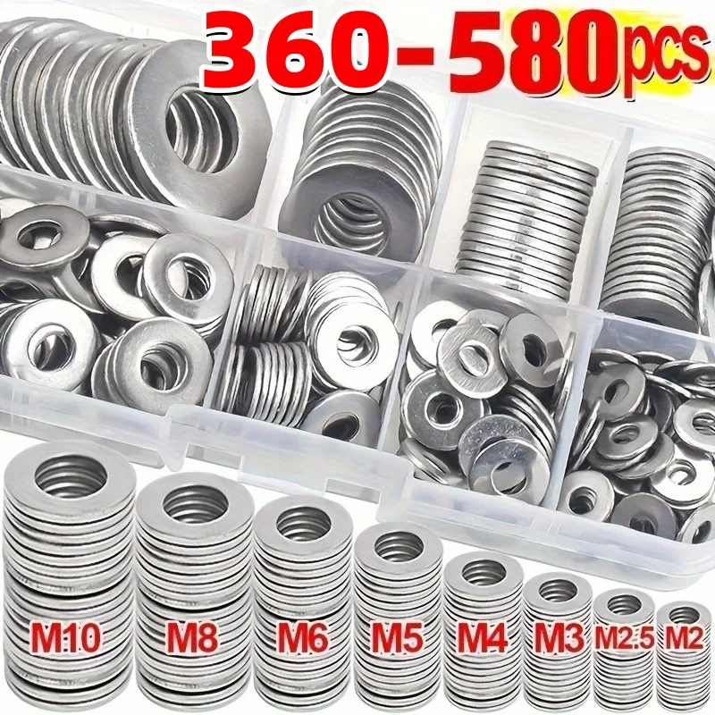 

360/580pcs 304 Stainless Steel Flat Washers Set Perfect Anti-slip Shim Seal Ring For Home Decor Factory Repair Kitchens Shops