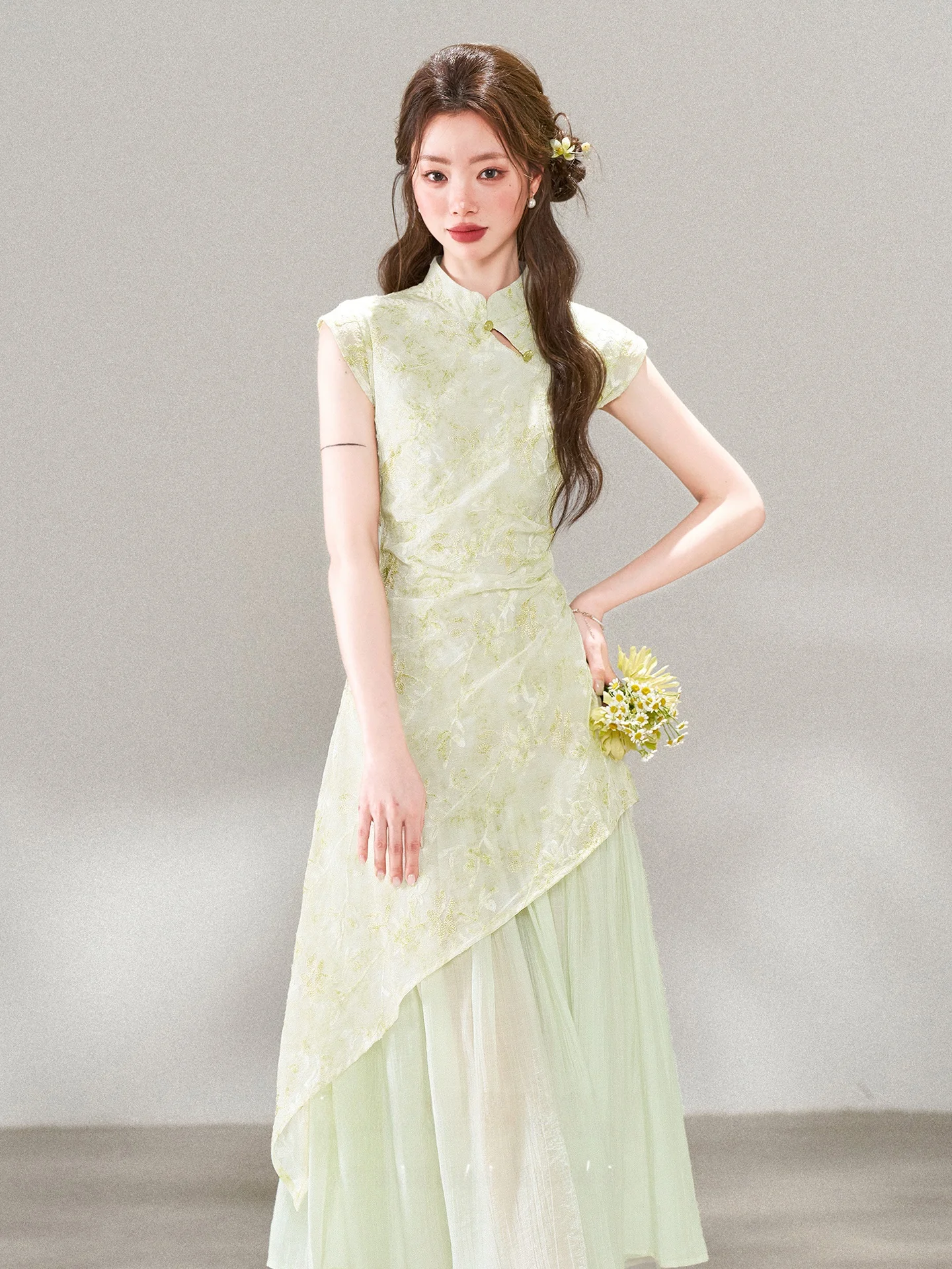 

Elegant New Chinese Style Green Floral Long Qipao Dress Summer New Arrival Women's Dress Soft Comfortable High Waist A-Line S...