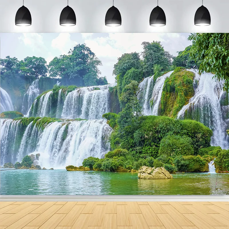 Fresh Blue Natural Waterfall Beauty Lake Photography Backdrops Grass Landscape River Beach Park Cove Photo Background PB-00 #3