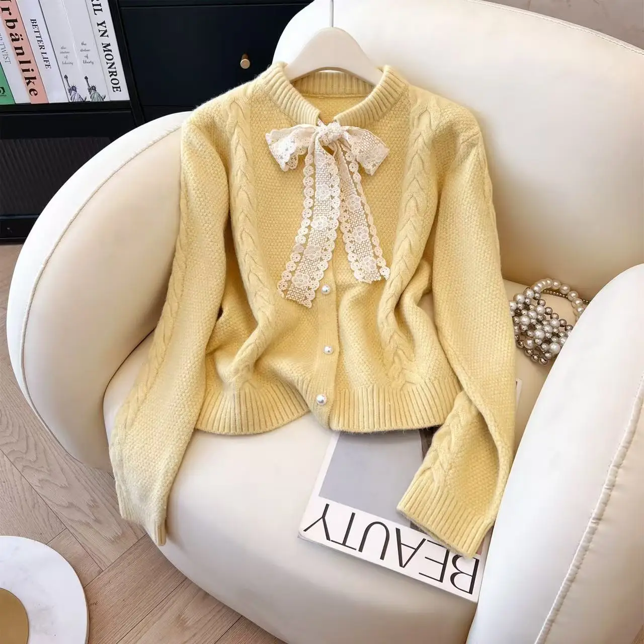 

Women's Bow Tie Tie Single Breasted Knitted Cardigan Young Girls Fashion Female Long Sleeve Autumn Knitted Thin Coat