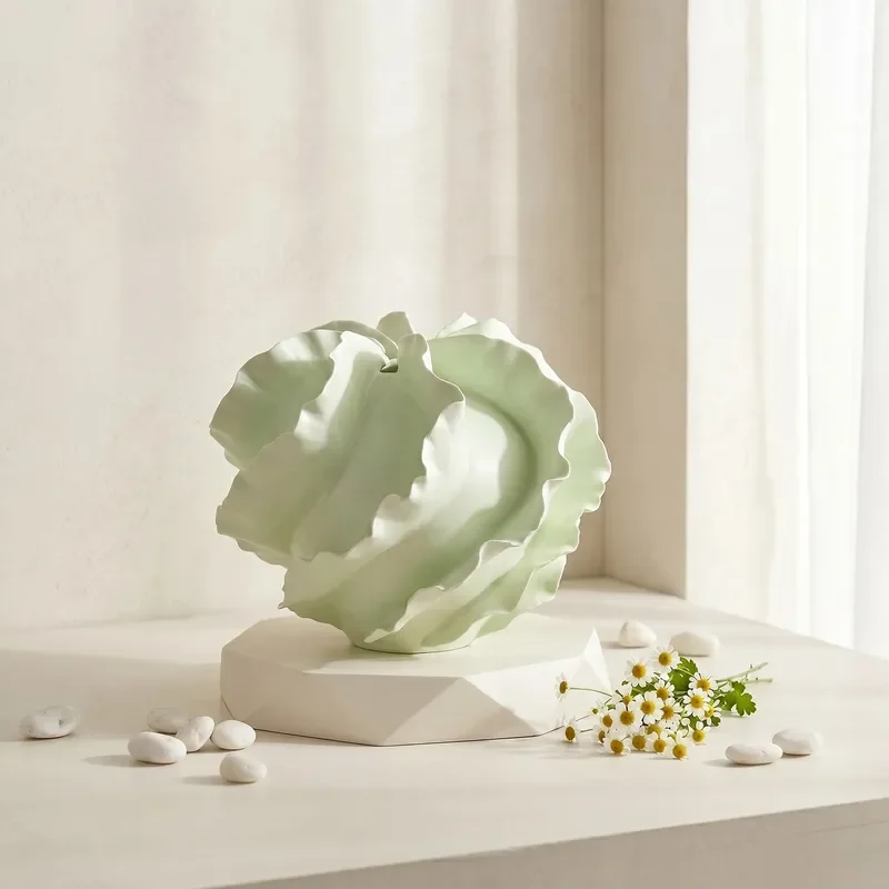 Modern Simple Light Luxury Round Ceramic Light Green Vase Model Room Wave Lace Flower Arranger Bogu Frame Pendulum