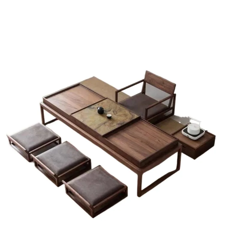 Round bay window small coffee table, double-layer creative balcony tatami low table ebony a complete set