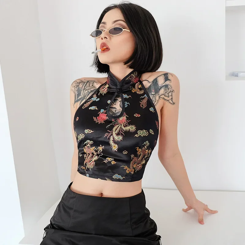 Kobiety Vintage Sexy Halter Neck Crop Top Chinese Style Dragon Embroidery Hollow Out Tank Top Sleeveless Backless Lace-up Vest