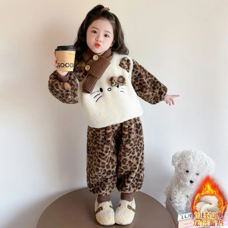 

Kawaii Hello Kitty Sanrio Children Cute Cartoon Plush Warm Hoodie Students Comfortable Sportswear Fleece Pants Gift for Kids