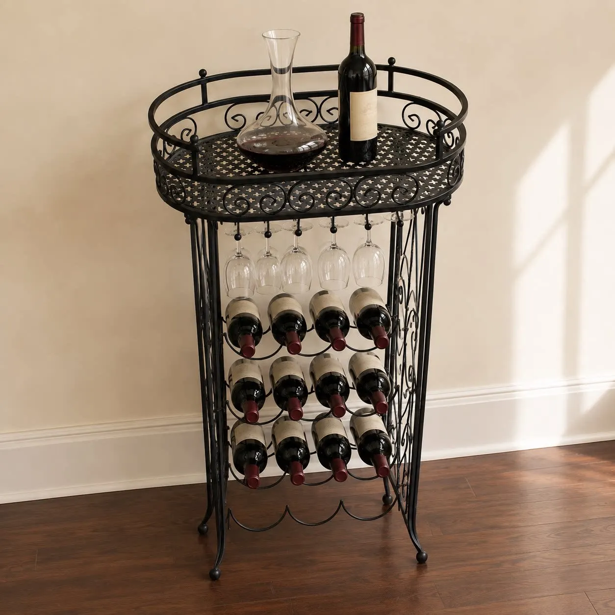 Retro roll grass pattern wrought iron wine rack table three-in-one floor-to-ceiling living room dining room red wine storage