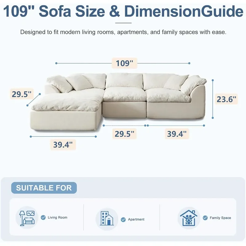 109 L-Shaped Modular Sectional Sofa Cloud Comfy Chenille Couch L-White