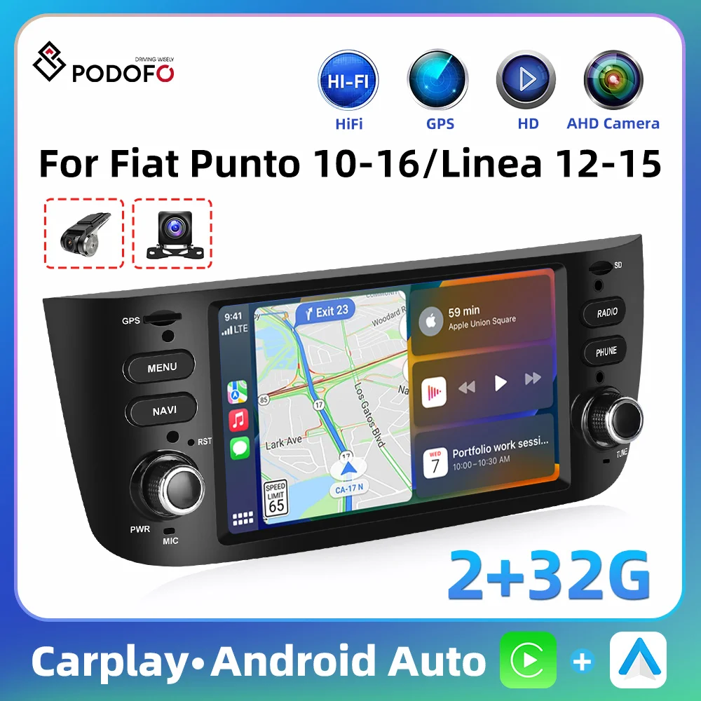 Podofo Android 11 Carplay Car Radio Stereo 6.2 Inch 2+32GB For Fiat Punto 10-16/Linea 12-15 GPS BT USB Multimedia Video Player