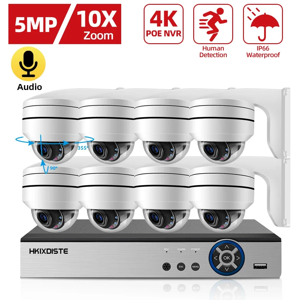 

5MP PTZ 10x Zoom PoE Home Audio Security Camera System 8CH CCTV NVR Recorder Outdoor Waterproof Video Surveillance IP Camera Set