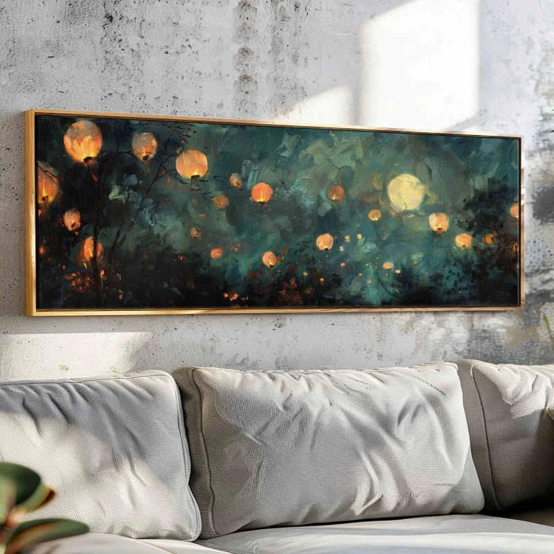 Chinese Lanterns in The Night Sky, Calm Skyscape Wall Art Unframed, Panoramic Moody Wall Art, Painting Print, Above Bed Decor