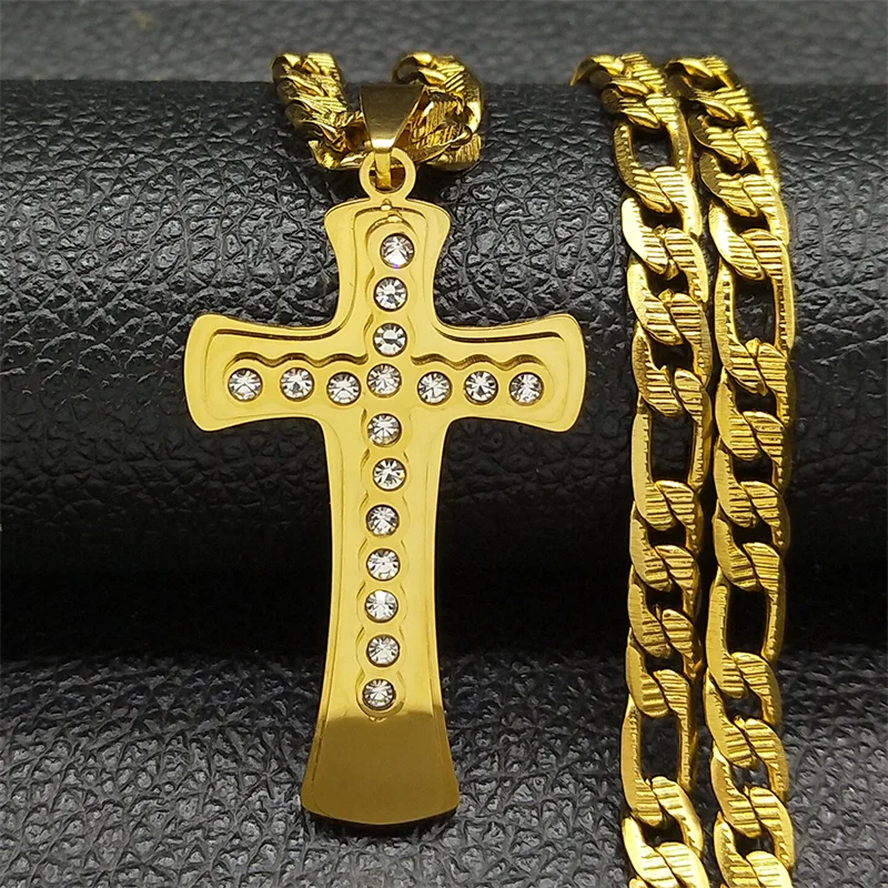 المسيحية الراين يسوع الصليب قلادة قلادة للنساء الرجال الذهب اللون الفولاذ المقاوم للصدأ الكاثوليكية الهيب هوب سلسلة مجوهرات هدية #4
