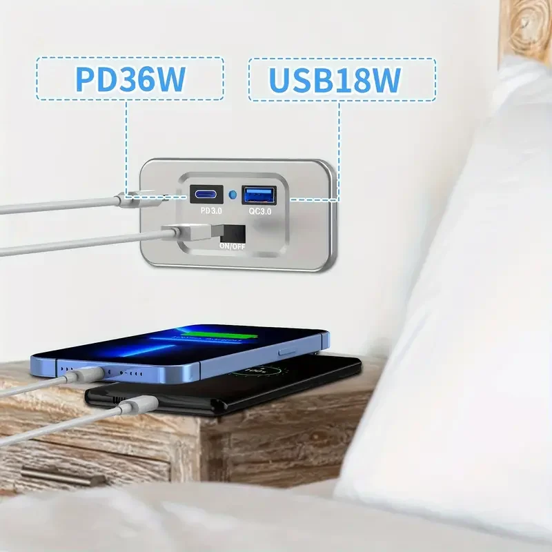 듀얼 USB 충전기 콘센트 패널 벽 마운트 전원 어댑터, QC3.0 PD 자동차 고속 충전 소켓, 12 V, 24V 트럭 캠핑 캐러밴용