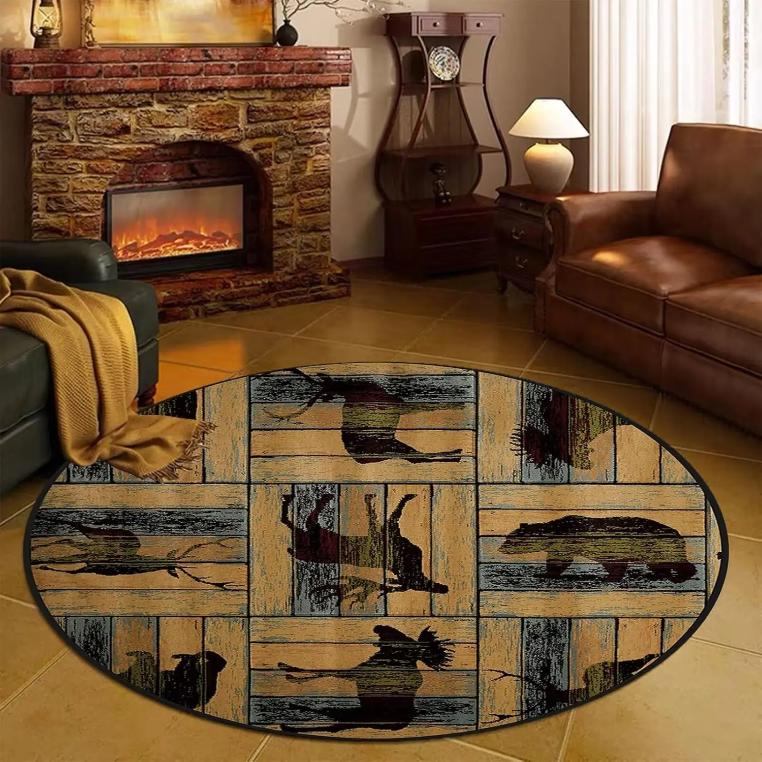 Round Rustic Texas Stars Area Rug Western Cowboy Bordered Circular Rugs for Bedroom Study Room Low Pile Farmhouse Floor Mats