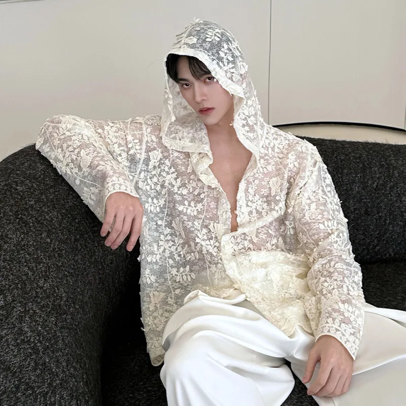 WVGA 2026 Spring Summer New Men Embroidered Jacquard Hooded Long Sleeve Shirt Niche Chic Casual Personality Sunproof Tops W19977