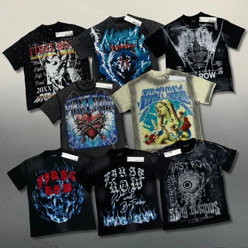 

Stock Y2K Vintage Street FIRST ROW Tshirt Men Women Washed Cotton Hot Drill Graffiti Round Neck Short Sleeve Loose Men Women Tee