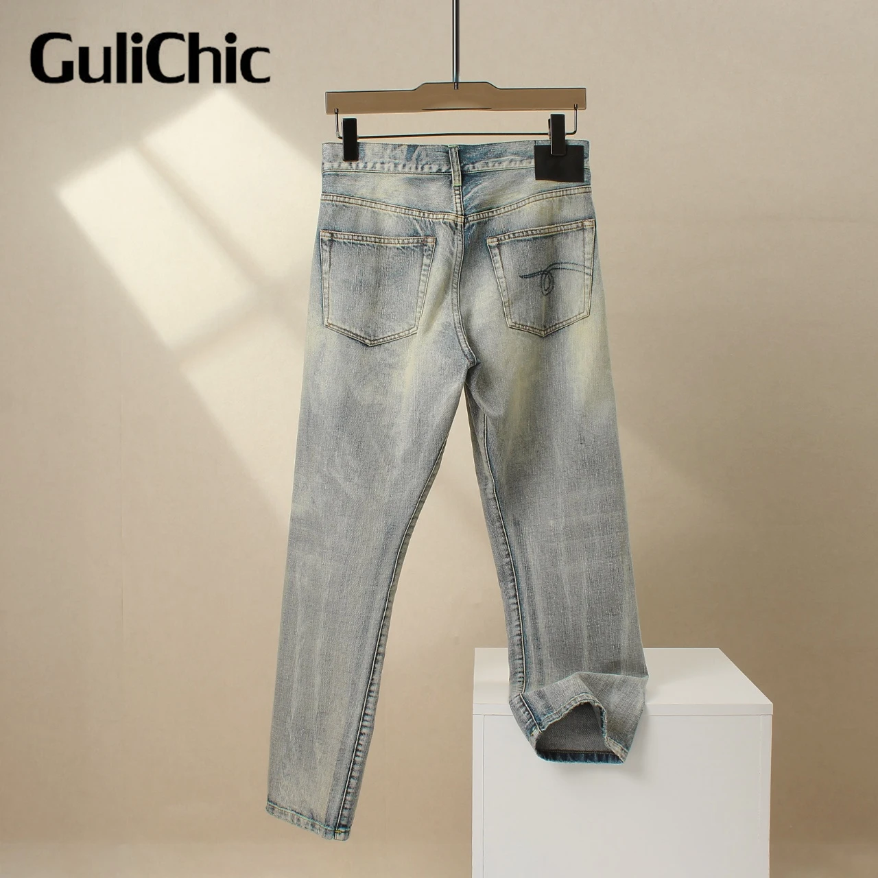 8.2 GuliChic Women\'s 2024 Summer New Irregular Waist Jeans pure cotton Washed Distressed Denim Pants