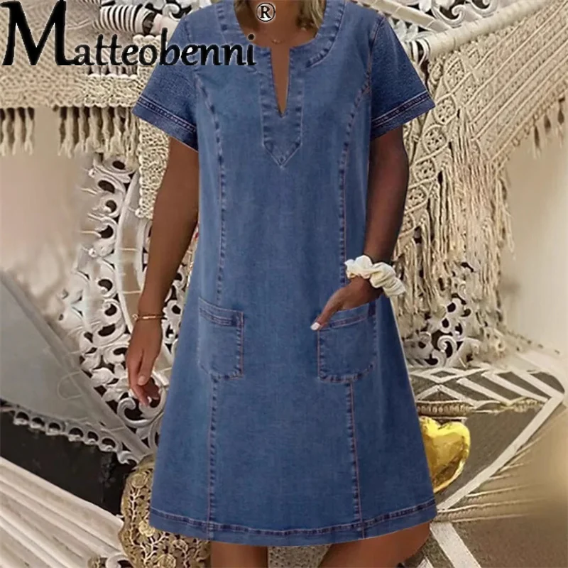 

2025 New Women Fashion Sexy Pleated Pocket Denim Dress Casual V Neck Short Sleeve Elegant Mini Dress Lady Jean Dress Streetwear