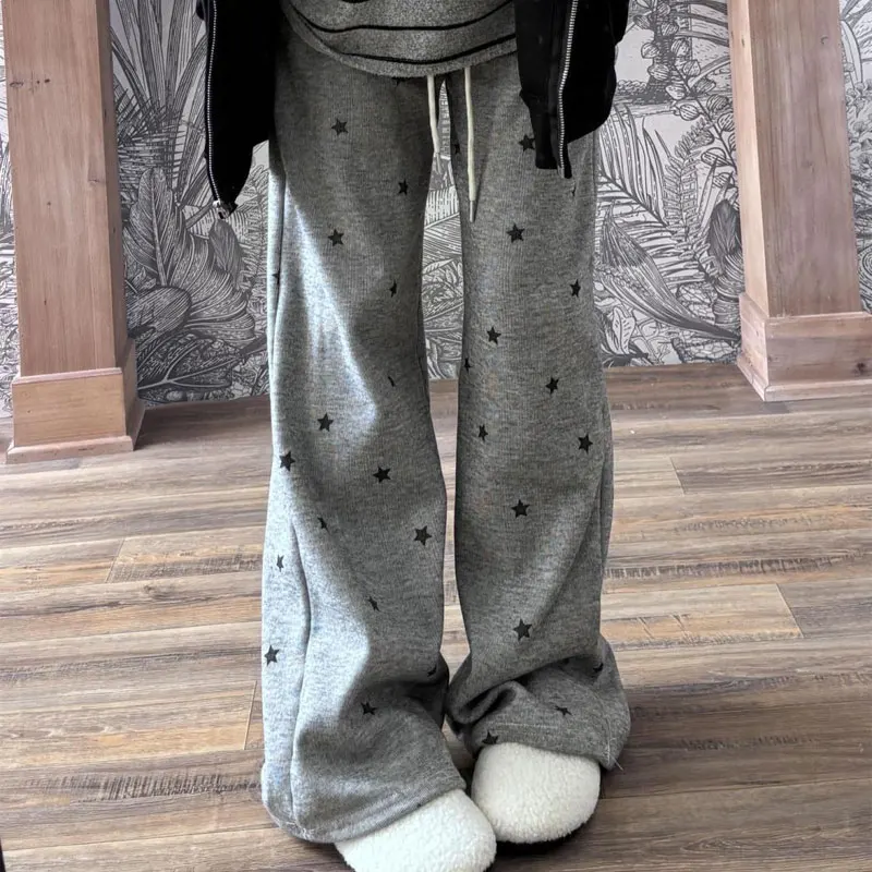 Stylish Star Print Grey Wide Leg Casual Pants Autumn Winter Drawstring Female Clothing High Waist Straight Loose Daily Trousers