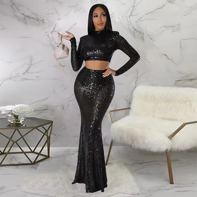 

Women's Solid Color Sexy Perspective Slim Fit Sequin Top/Long Skirt Two-piece set Evening Party Dress 2024 Autumn New Item