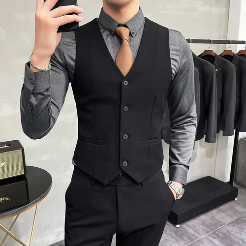 Imagen 2 del producto S-7XL marca de gama alta Color sólido elástico hombres Casual chaleco de negocios novio traje de boda abrigo de cintura de fiesta