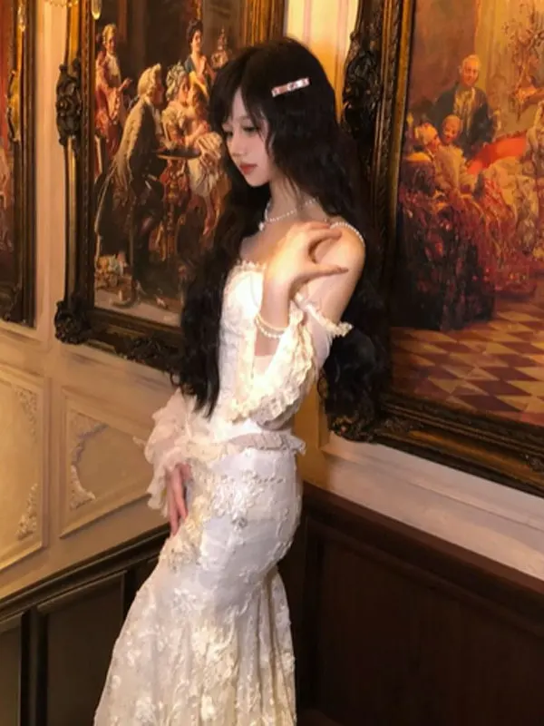 

Unique oulder Bared f Skirt Two Piece Set Beautiful Body Contouring Youthful Faion French Sle Cotton Long Sve