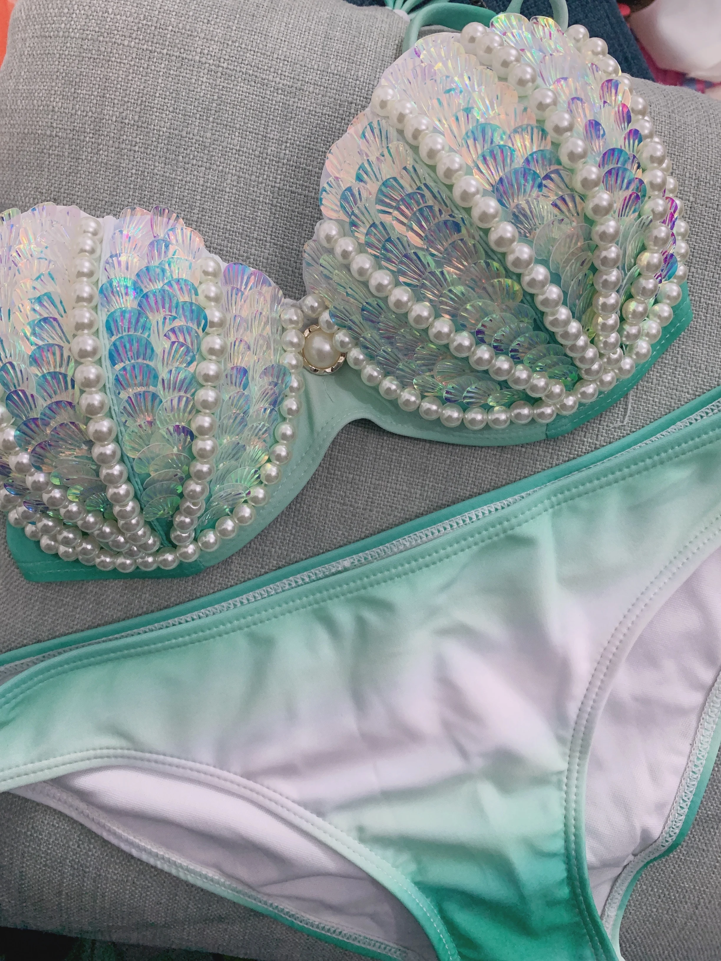 Hand Sewn Shell Mermaid Bikini Swimsuit Fairy Slim Conservative Swimwear Spa