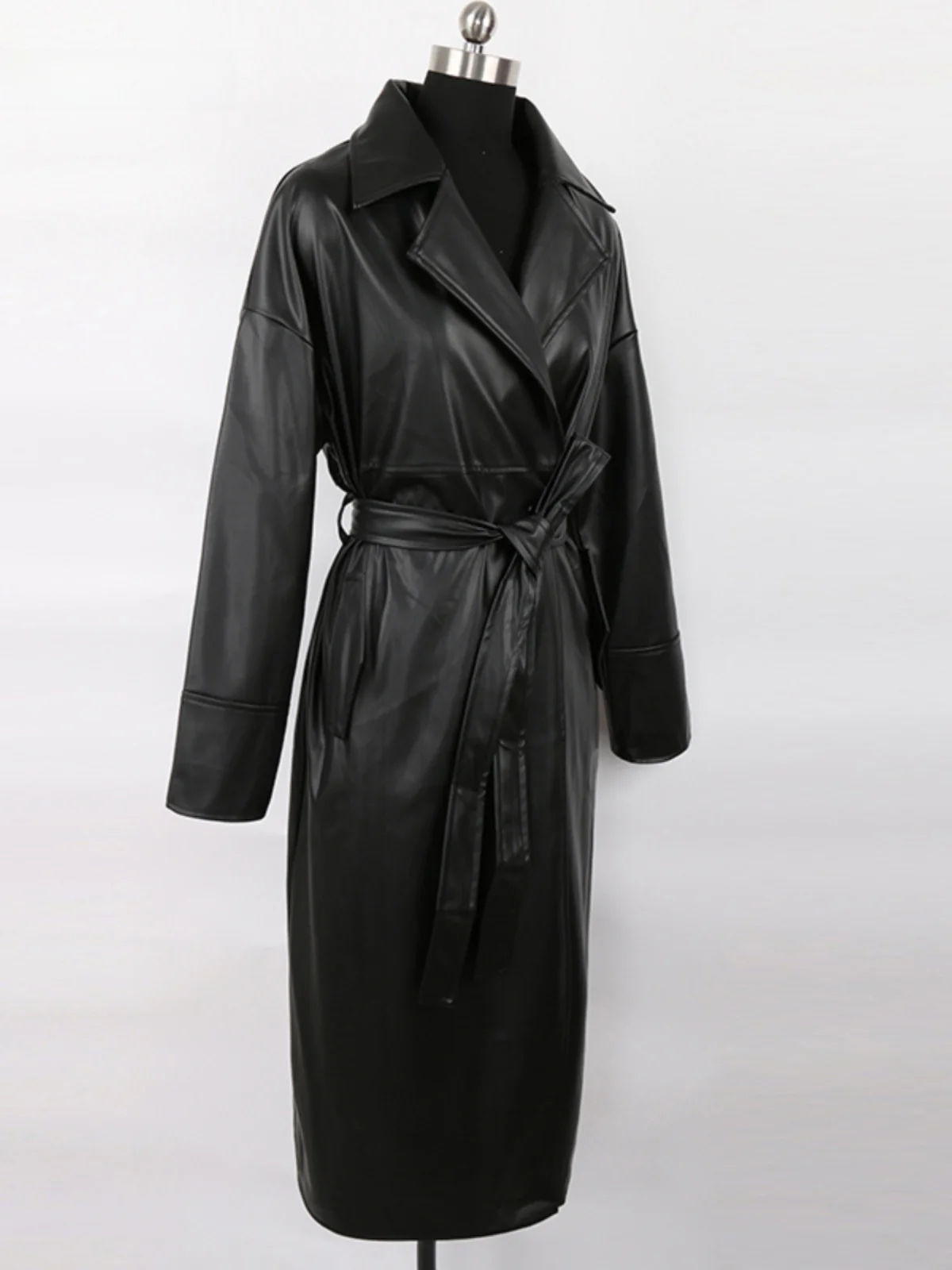 Nerazzurri Women's Long Loose PU Leather Windbreaker Coat Double Row Buttons Waist Belt Fashionable Commute Style Jacket