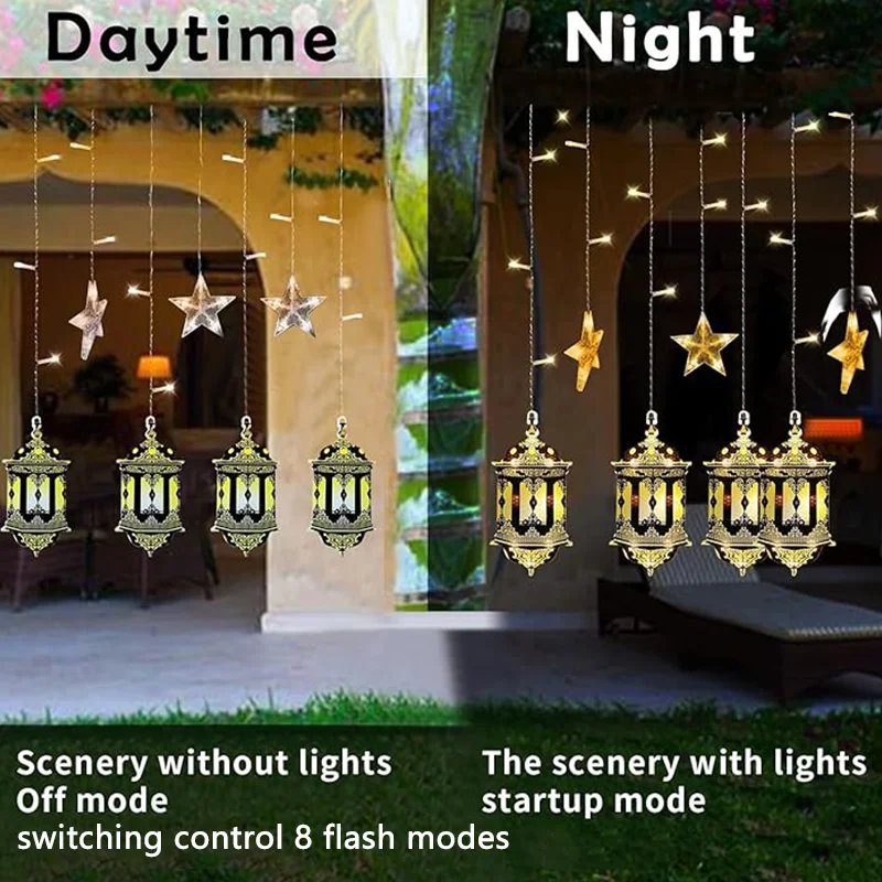 Moon Star Window Curtain lamp 8 Lighting Modes Timer Function for Ramadan Islamic Mubarak string light EU Plug Eid Party Decor