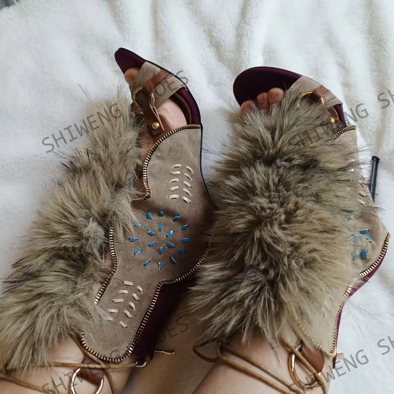 2025 Furry Belt Buckle Ankle Boots Women Sweet Fashion Boots Lace Up High Heeled Shoes Ladies Nifty Party Big Size Boots 44 image 5