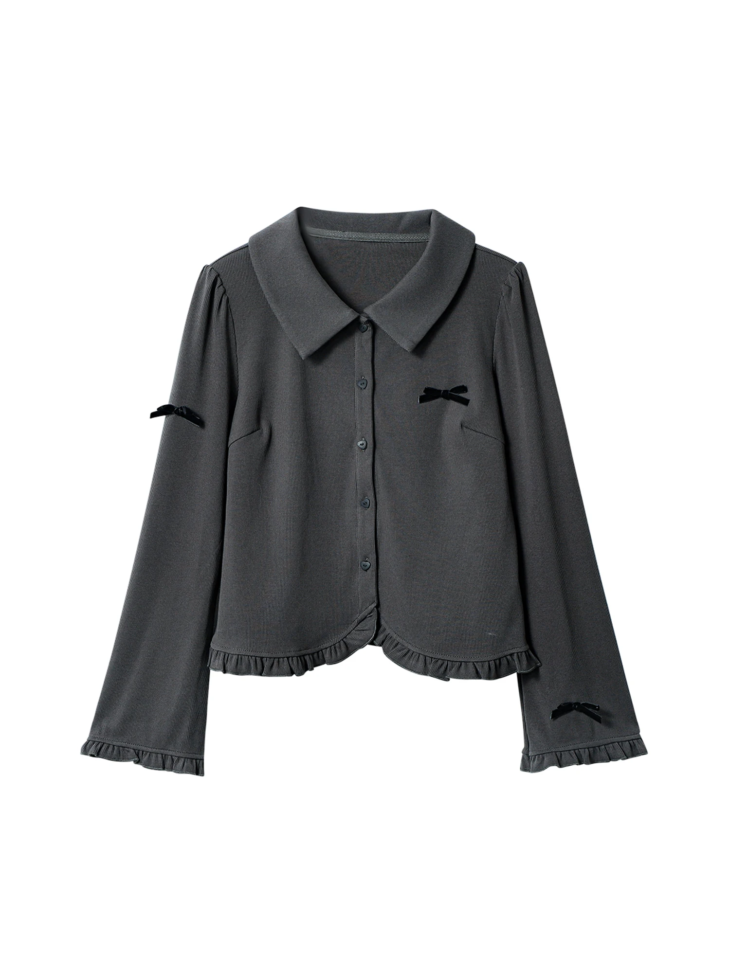 Women Grey Polo-Neck Bow Shirts Blouses Y2k Vintage 2000s Aesthetic Elegant Long Sleeve Shirt Fashion Clothes Spring Autumn 2025