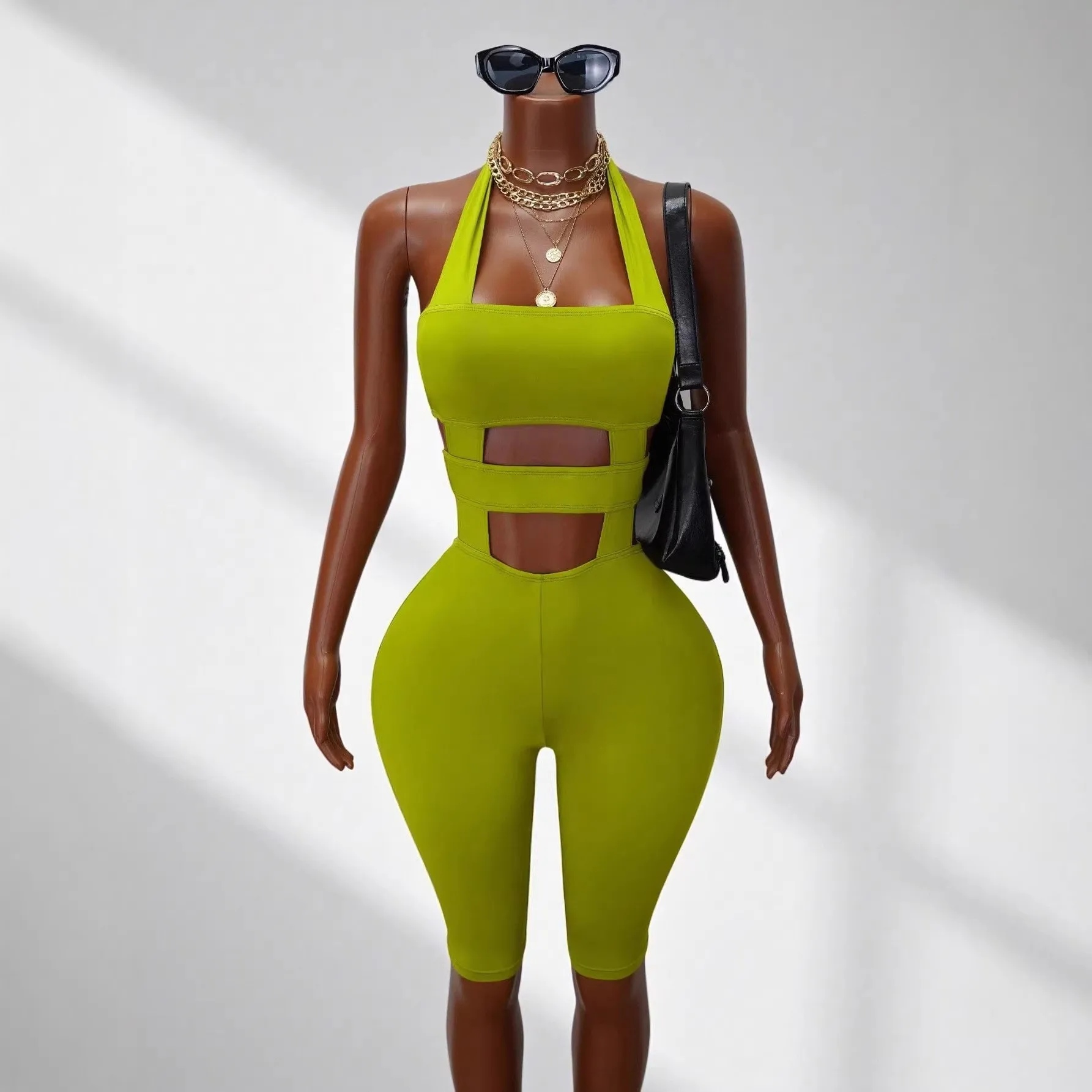 

Summer Clothes Jumpsuit Women's Clothing Solid Jumpsuits Lime Green Halter Romper Casual Sleeveless Rompers Mid Waist Back Tie
