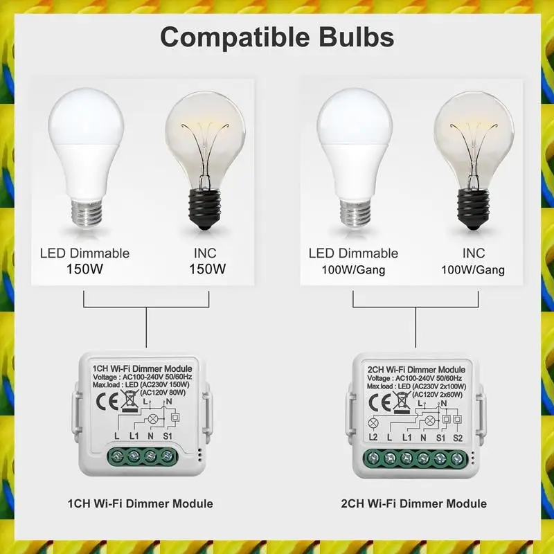 WFF Tuya Wifi Smart Dimmer Switch Module 10A Support 2 Way Control 1 Gang Compatible For Google Home Alexa Smart Life App Durabl