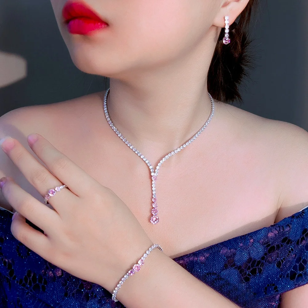 

Pera Fashion Classic 4pc Jewelry Set Pink White Round CZ Linked Long Pendant Necklace Earrings for Bridal Wedding Accessory J024